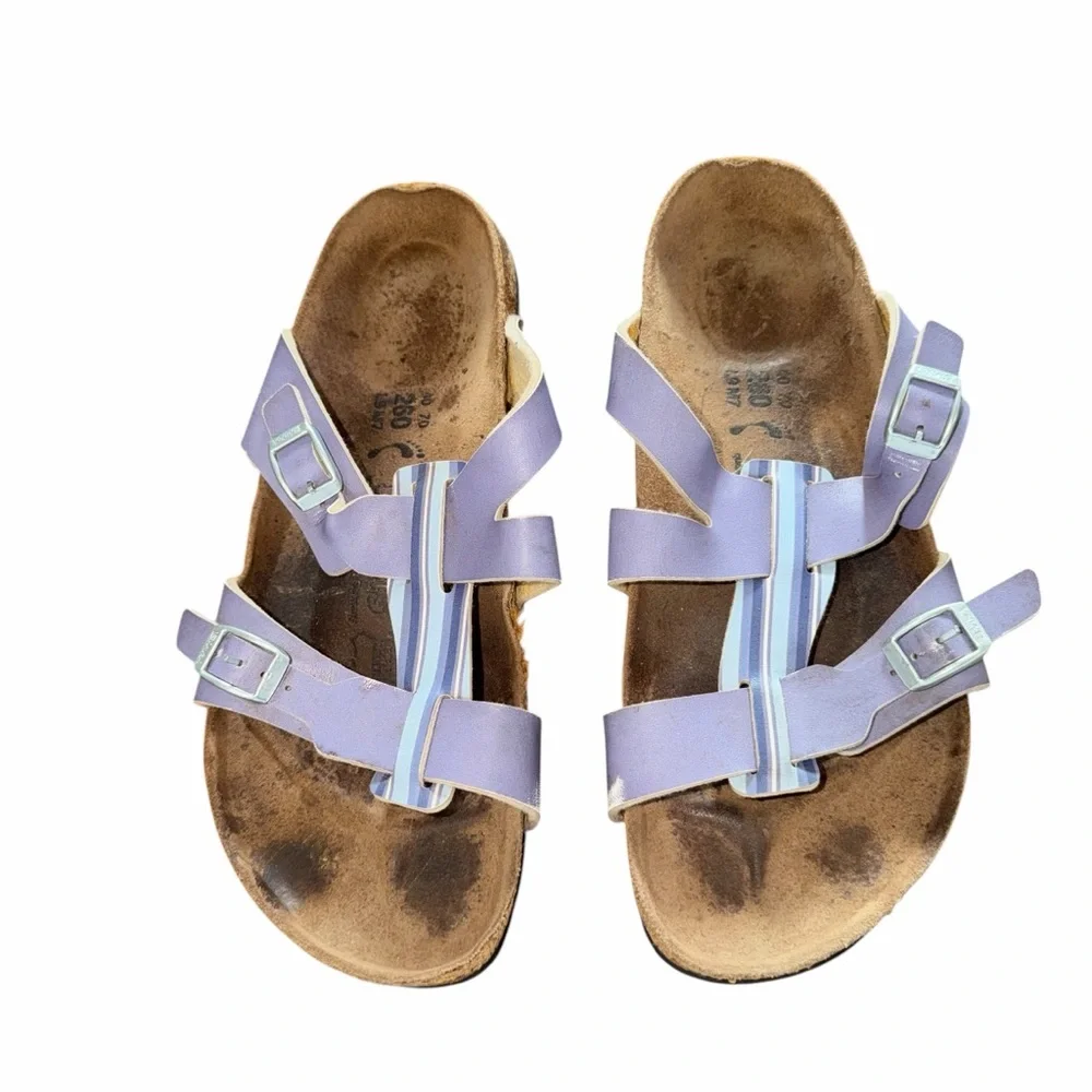 Birkenstock Mayari Purple Stripe Sandals Size 40 Women’s 9 Toe Loop Birko-Flor